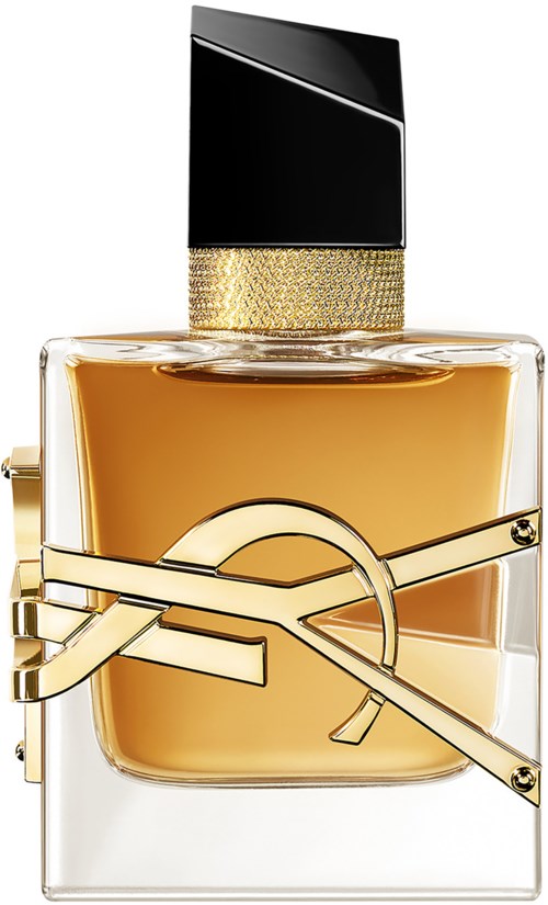 Ein Parfümflasche mit schwarzem Deckel, Goldakzenten und hellbrauner Flüssigkeit.