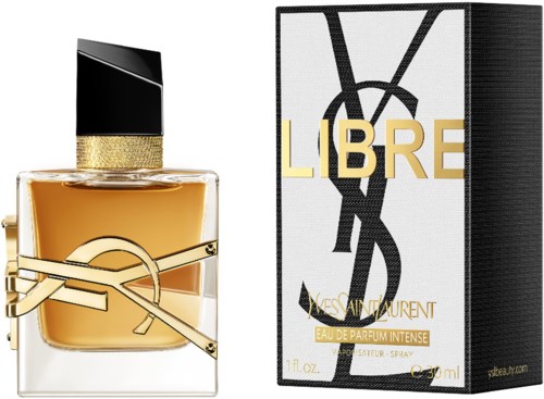 Gelbe Parfümflasche mit Gold- und Schwarzd Design, YSL-Logo, neben der Verpackung mit Markennamen und Logo.