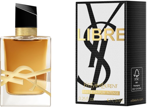 Een parfumfles met gouden vloeistof en een zwart-goude dop naast een YSL Libre doos, zwart-wit met gouden tekst.