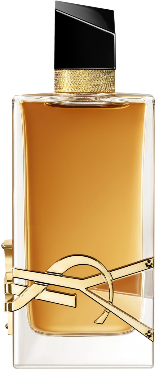 Elegant perfume bottle with a black and gold cap, clear glass, and a golden liquid inside.