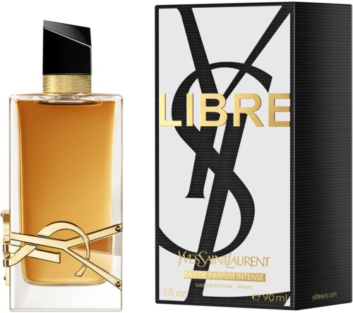 A perfume bottle and box for Yves Saint Laurent Libre fragrance, with gold and black design elements.