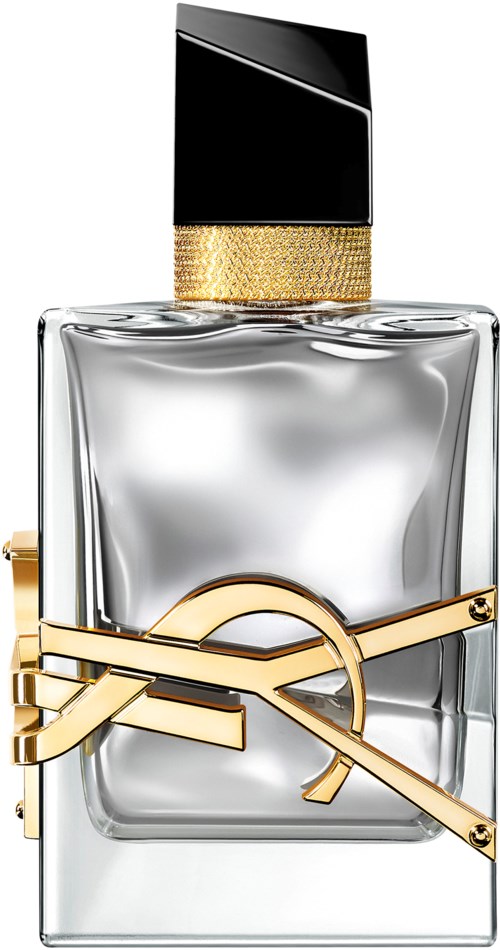 Een elegant parfumflesje met een zwart en goud deksel, zilveren vloeistof en een decoratieve gouden band.