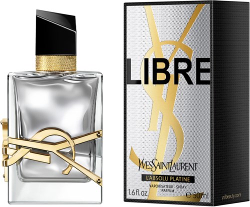 Een designer parfumbottle en doos, voornamelijk zwart, zilver en goud, met Yves Saint Laurent branding.