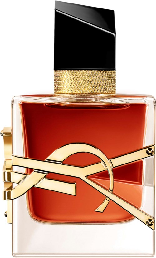 Luxe parfumfles met gouden details en een zwarte dop, gevuld met amberkleurige parfum.