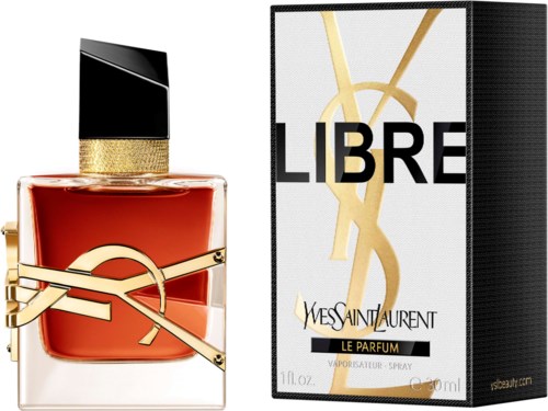 Een parfumfles met een gouden logo en een YSL Yves Saint Laurent Libre parfumdoos, zwart en goud ontwerp.