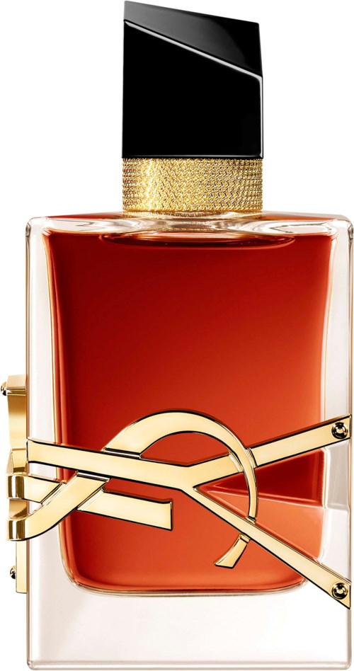 A luxurious perfume bottle with a black cap, gold accents, and a sleek, elegant design. Contains reddish perfume.