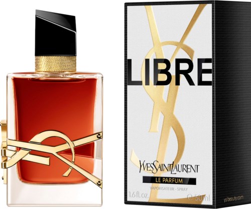 A perfume bottle and box display Yves Saint Laurent Libre fragrance, with gold accents and modern black and white design.