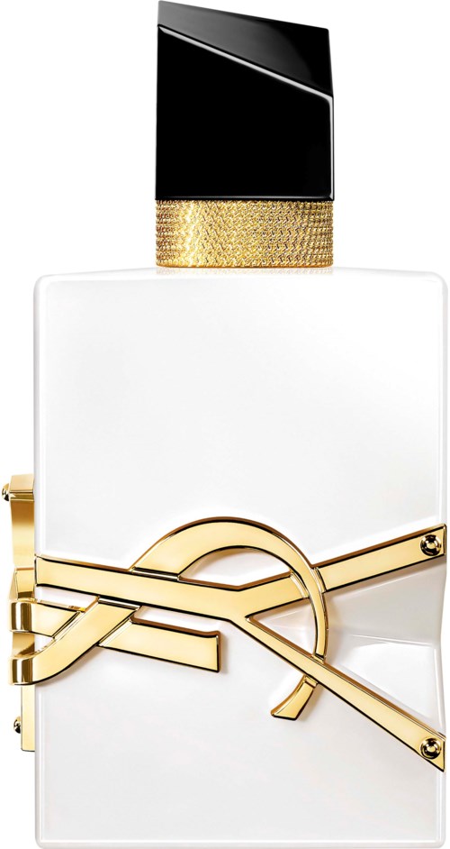 Een witte parfumfles met een zwarte en gouden dop, met een gouden logo en ontwerp op de voorkant.