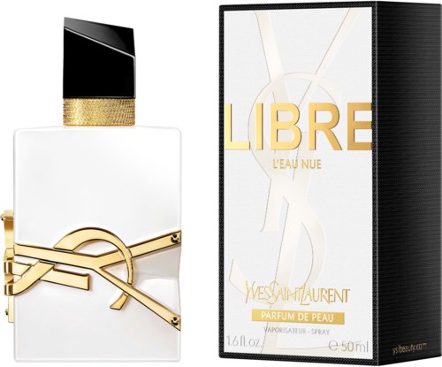 Een parfumfles met een zwarte en gouden dop, en een doos met 'LIBRE L'EAU NUE' van Yves Saint Laurent.