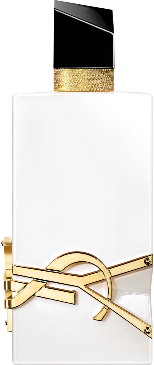 Een wit parfumflesje met zwart en goud deksel, met een gouden decoratief element aan de voorkant.