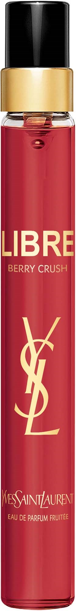 Eine rote Parfümsprühflasche mit Yves Saint Laurent und Libre Berry Crush Labels, schwarzer und goldener Verschluss.