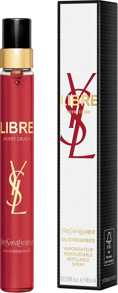 Rote Parfümsprayflasche mit schwarzem Deckel und Saint Laurent-Box, gekennzeichnet mit Yves Saint Laurent-Logo und 'Libre Berry Crush'.