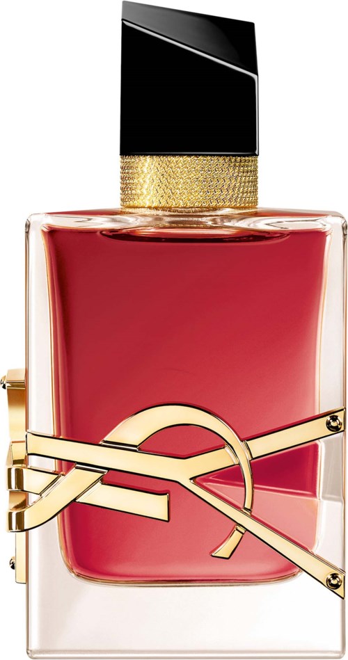 Eine stilvolle Parfümflasche mit roter Flüssigkeit, goldenen und schwarzen Akzenten und elegantem Design.