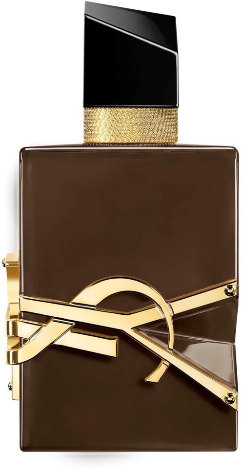 Lyxig YSL-parfymflaska med svarta, guld- och bruna detaljer och ett tydligt YSL-logotyp.
