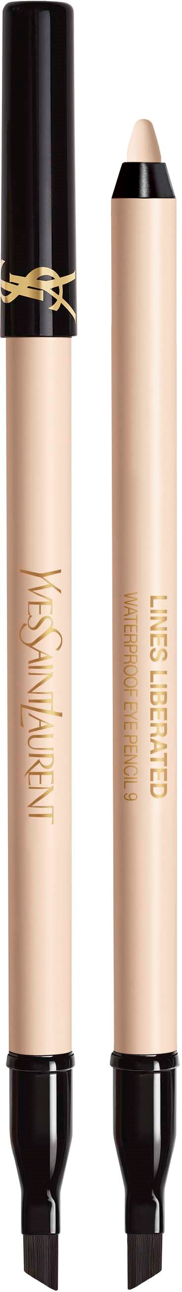 En beige sminkpen med dubbla spetsar och svarta lock, med Yves Saint Laurent-logotyp och text på kroppen.