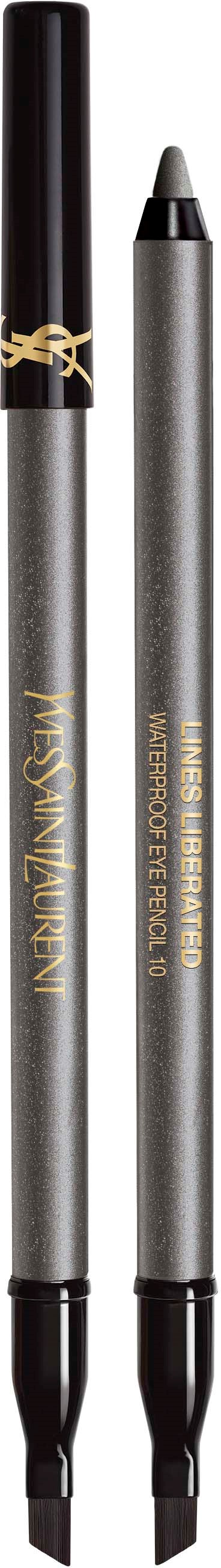 Två grå makeuppennor med svarta lock, en med sudd och den andra med borste.