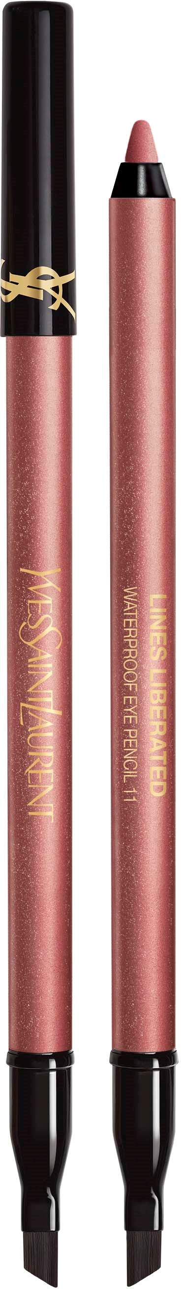En dubbeländad makeuppenna med rosa och svart design, med läppstift på ena sidan och läppenta på andra.