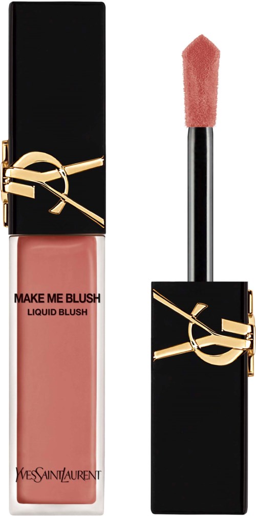 A liquid blush with a black and gold container, a pink applicator, and the name 'Make Me Blush' on the bottle.