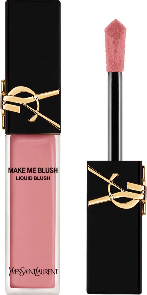 A pink liquid blush in a tube with a black and gold cap, a lipstick-like applicator attached.