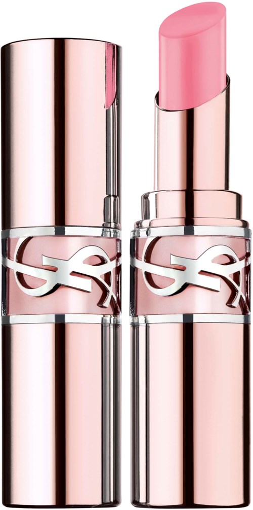 A pink lipstick in shiny silver case, one half open showing the lipstick. The case has a designer logo.
