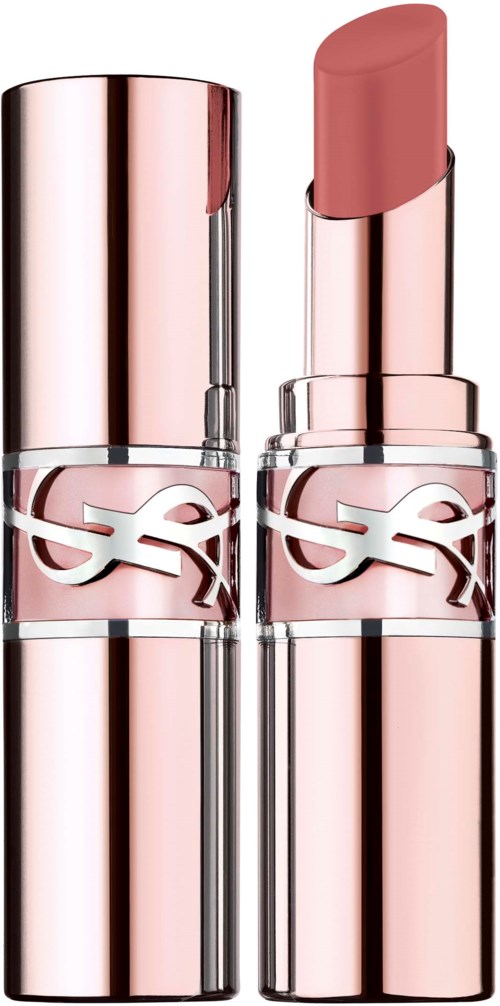 Een roze lippenstift met een glanzende metalen behuizing, gedeeltelijk open, laat de lippenstift zien.