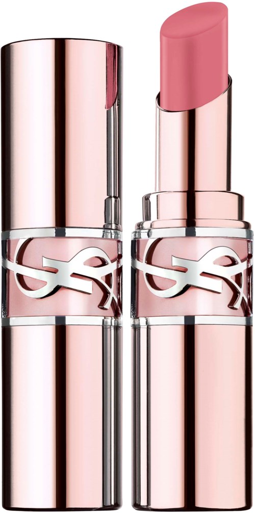 A pink lipstick in a metallic case, with the cap removed, showing the lipstick inside.