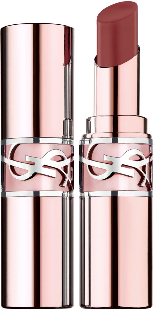 A pink lipstick with a shiny, metallic tube, partially opened to show the lipstick inside against a black background.