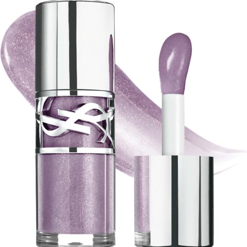 A silver and purple lipstick case with a purple lipstick wand and purple glittery lipstick.