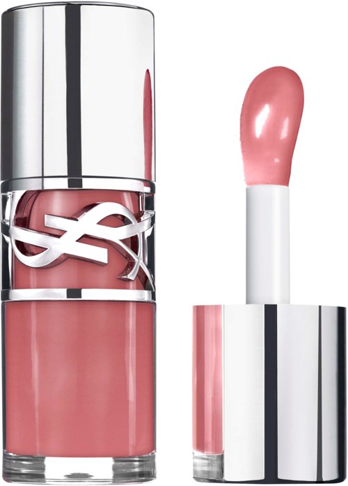 A pink liquid lipstick with a shiny silver cap and a matching applicator.