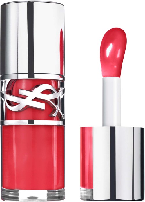 A red lipstick with a shiny silver case and a matching lip gloss applicator.