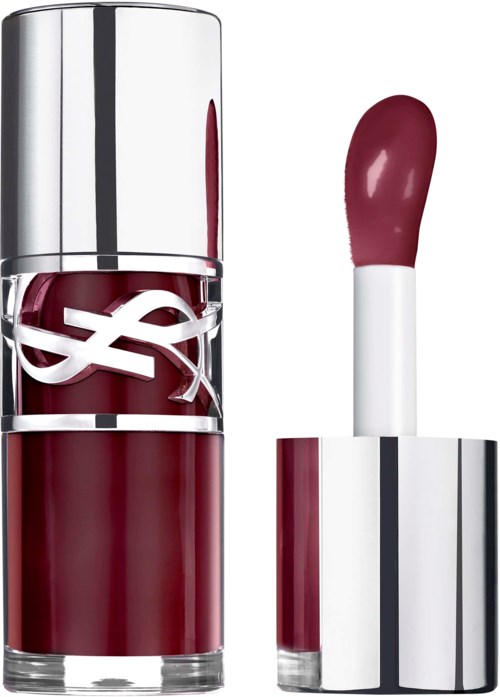 A lipstick tube with a red lipstick and a related logo, both have a shiny silver and red design.