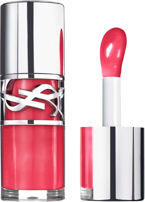 A lipstick container with pink glossy lipstick and a silver shiny cap.