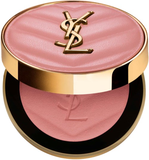 A pink compact makeup with gold YSL logo on the lid, showing blush inside. Elegant and stylish design.