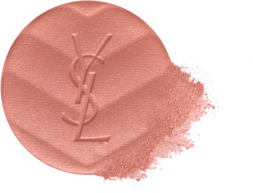 En rund rouge med YSL-logga, lite av produkten krossad utanför, ljusrosa färg.
