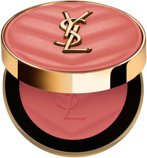 A pink blush compact with gold accents, bearing Yves Saint Laurent and YSL logos on the lid.