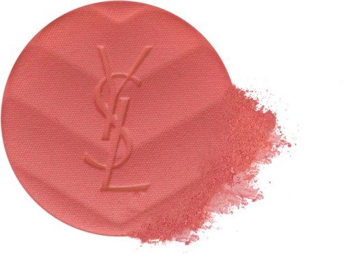 A pink Yves Saint Laurent powder with loose powder spilled out, showing the logo on the compact.