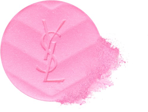 Roze blush poeder met YSL-logo, wat poeder buiten de ronde container.