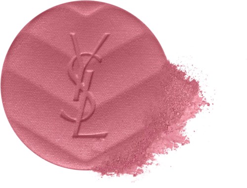 Pink blush compact with YSL logo, powder spilled around it.