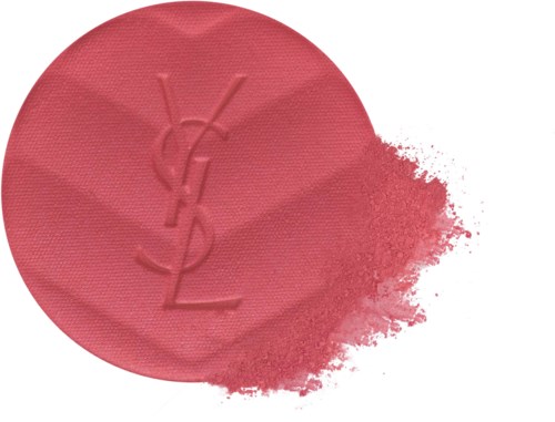 Pink blush with a YSL logo embossed, some powder spilled out of the round container.