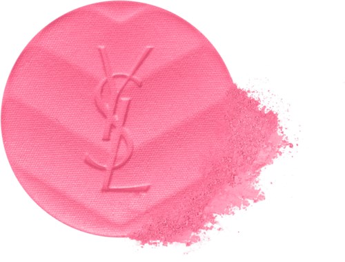 Pinkes Rouge mit eingeprägtem YSL-Logo, Puder verteilt auf Oberfläche.
