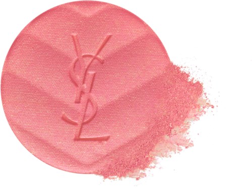 Roze blush of poeder met YSL-logo, wat poeder eromheen gemorst.