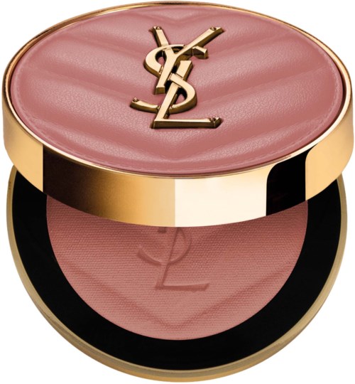 A pink pressed powder compact with gold YSL logo on the lid and embossed logo inside.