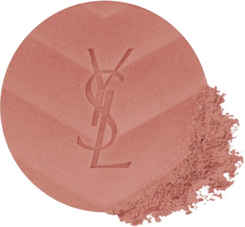 Red makeup powder with the YSL logo, faded at one edge, resembling a circle. 