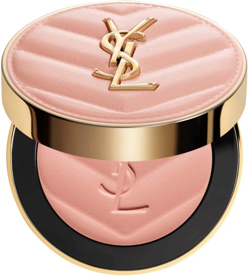 A compact with light pink makeup, a gold logo on the lid, and a smooth texture inside.