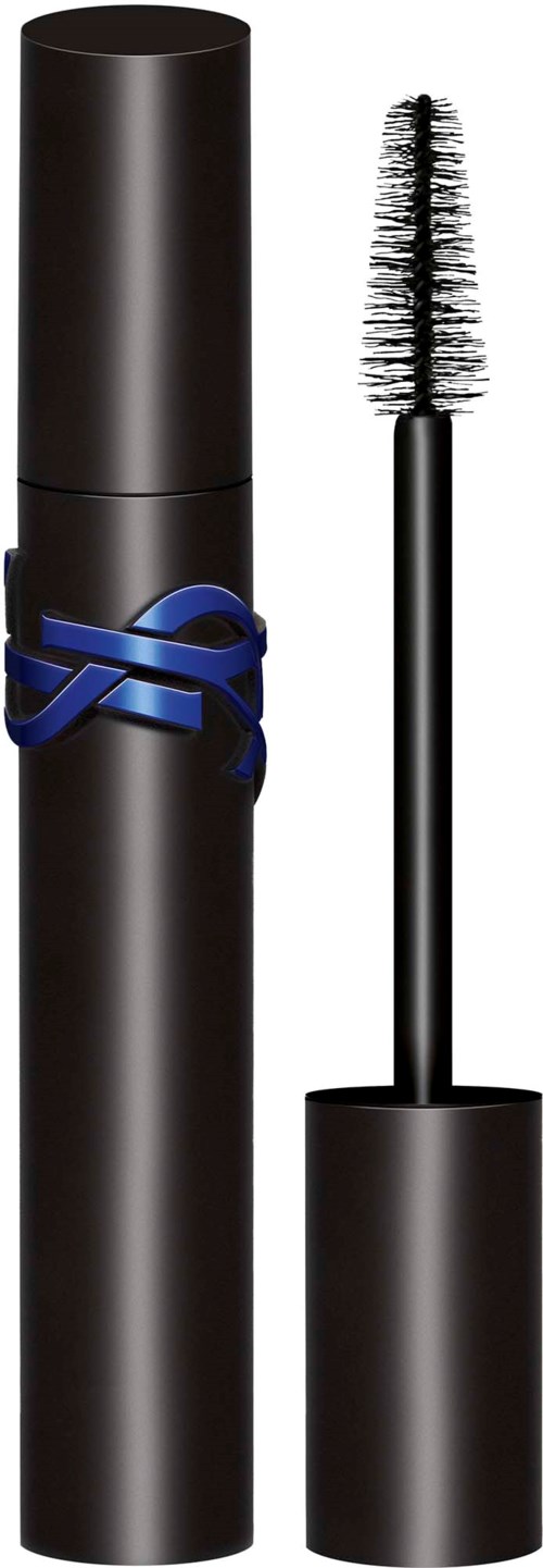 Zwart mascarahuls met blauwe strik, borstel klaar voor make-up.