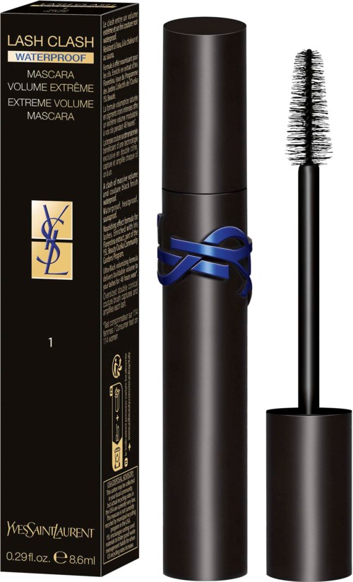 Een zwarte mascara-buis met een blauw lintontwerp en een aparte mascara-brush naast de verpakking.