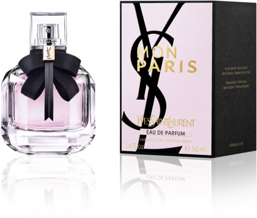 Een parfumfles met een zwart lint en een doos met YSL-logo en Parijs-tekst.