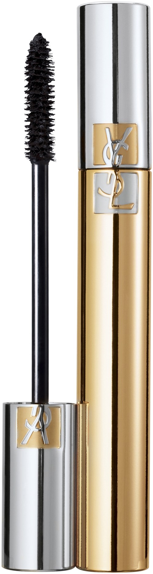 YSL-mascara tube met borsteltje eruit, goud en zilver kleuren, en logo op de tube.