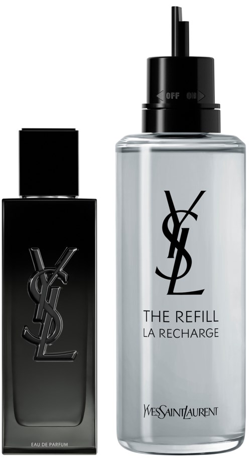 Två parfymflaskor, en svart och en genomskinlig, med Yves Saint Laurent-logotypen. Den genomskinliga flaskan heter 'The Refill.'