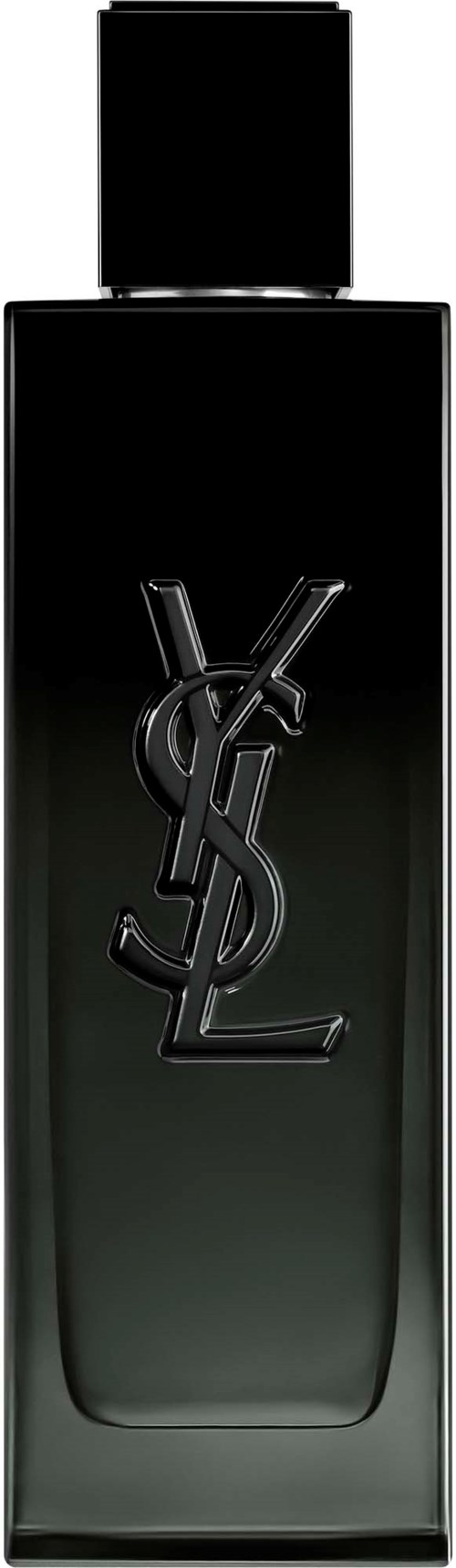 Een lange rechthoekige parfumfles met een zwart deksel en een YSL-logo op de voorkant.